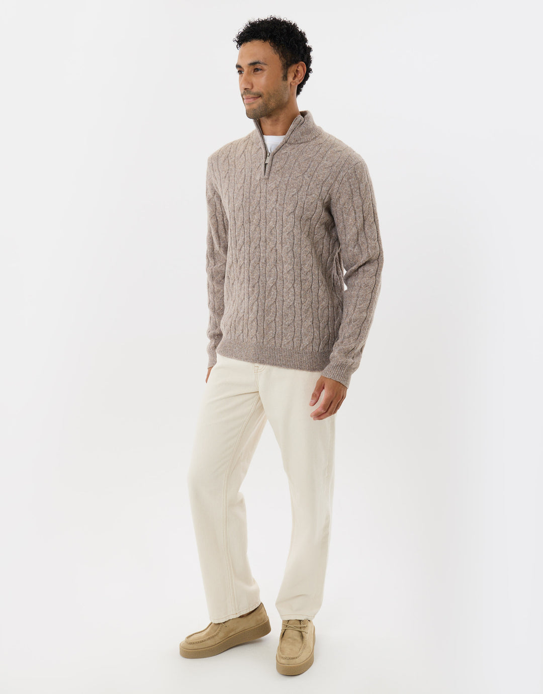 Cable Knit Quarter Zip Jumper in Taupe