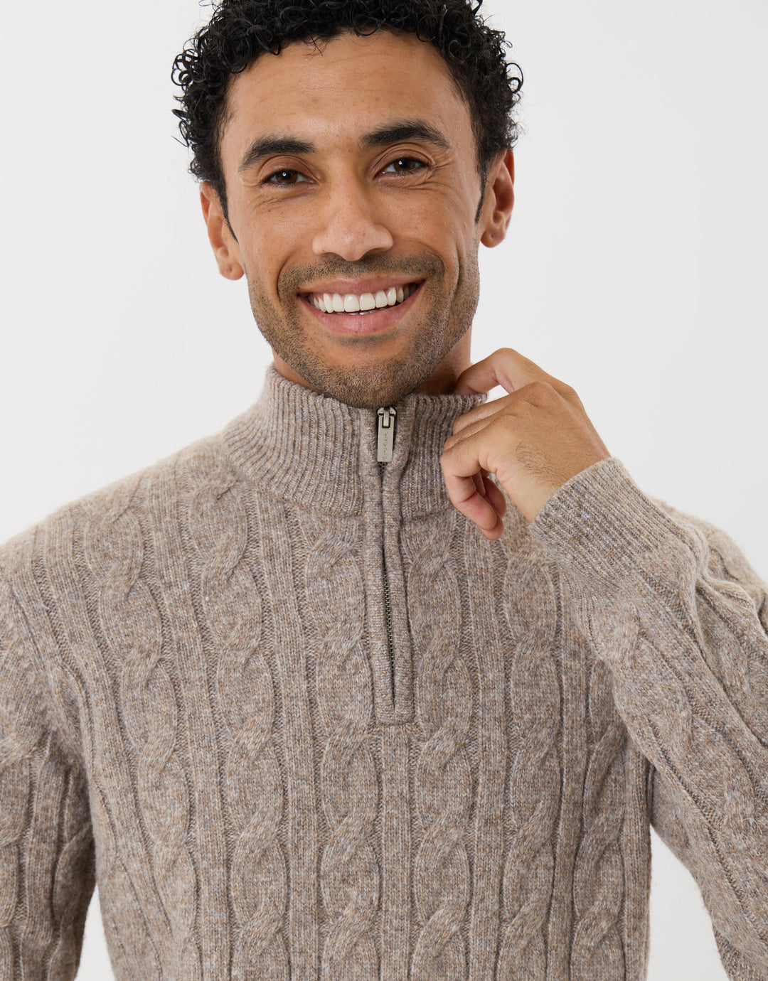 Cable Knit Quarter Zip Jumper in Taupe