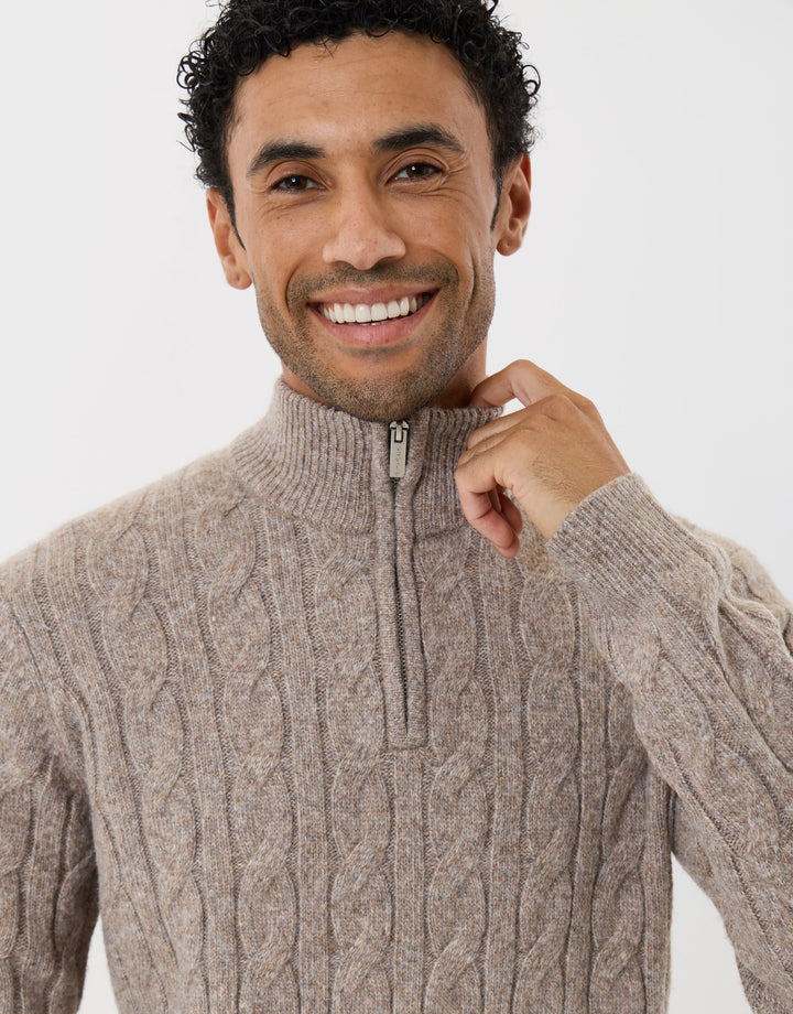 Cable Knit Quarter Zip Jumper in Taupe