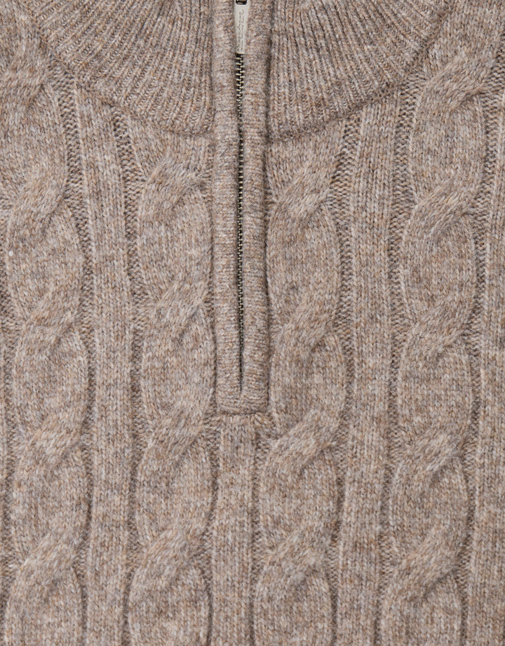 Cable Knit Quarter Zip Jumper in Taupe