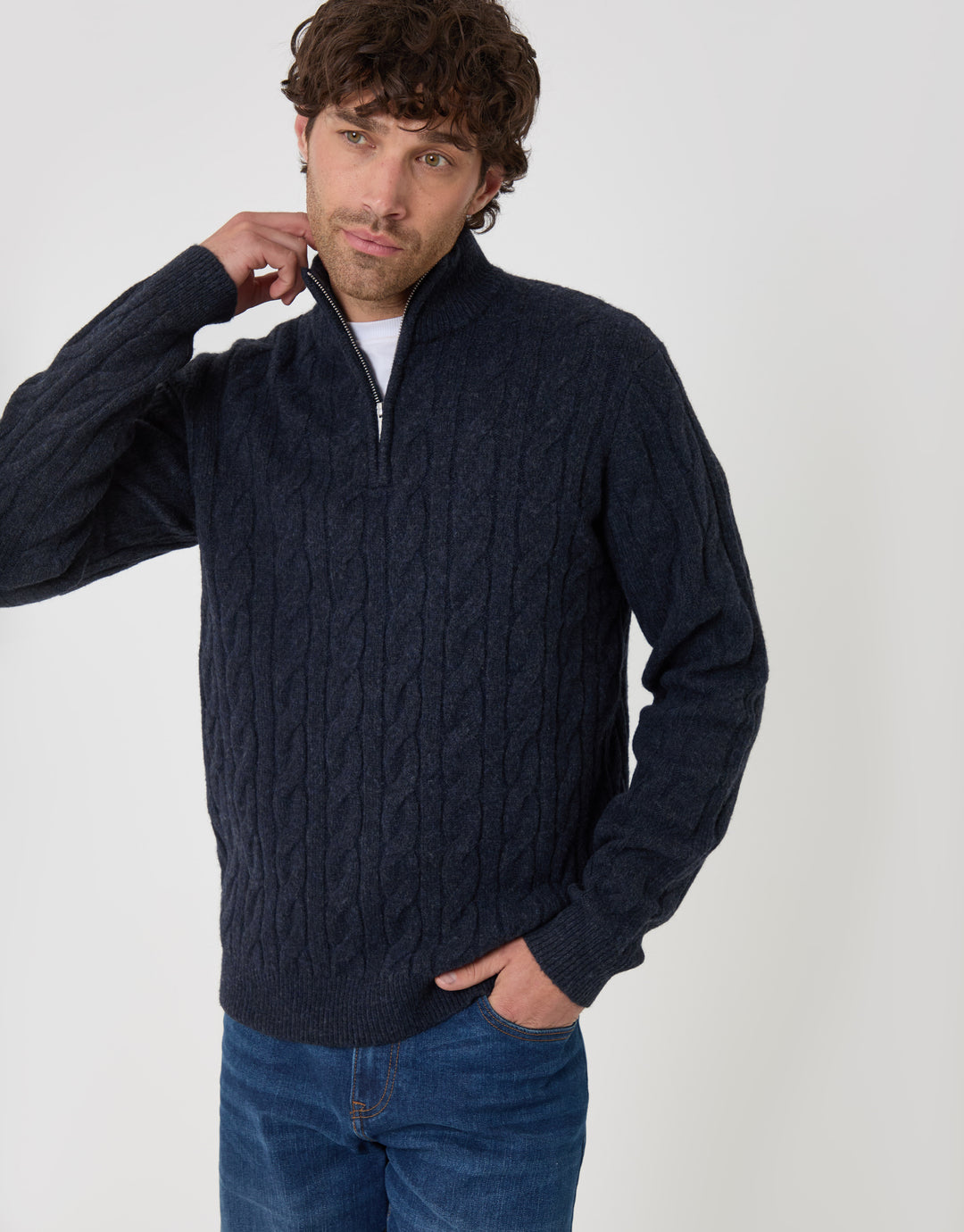 Cable Knit Quarter Zip Jumper in Navy