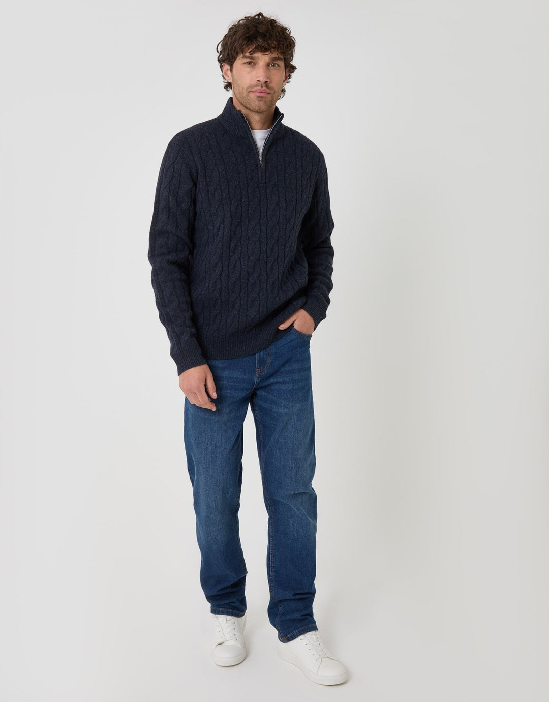 Cable Knit Quarter Zip Jumper in Navy