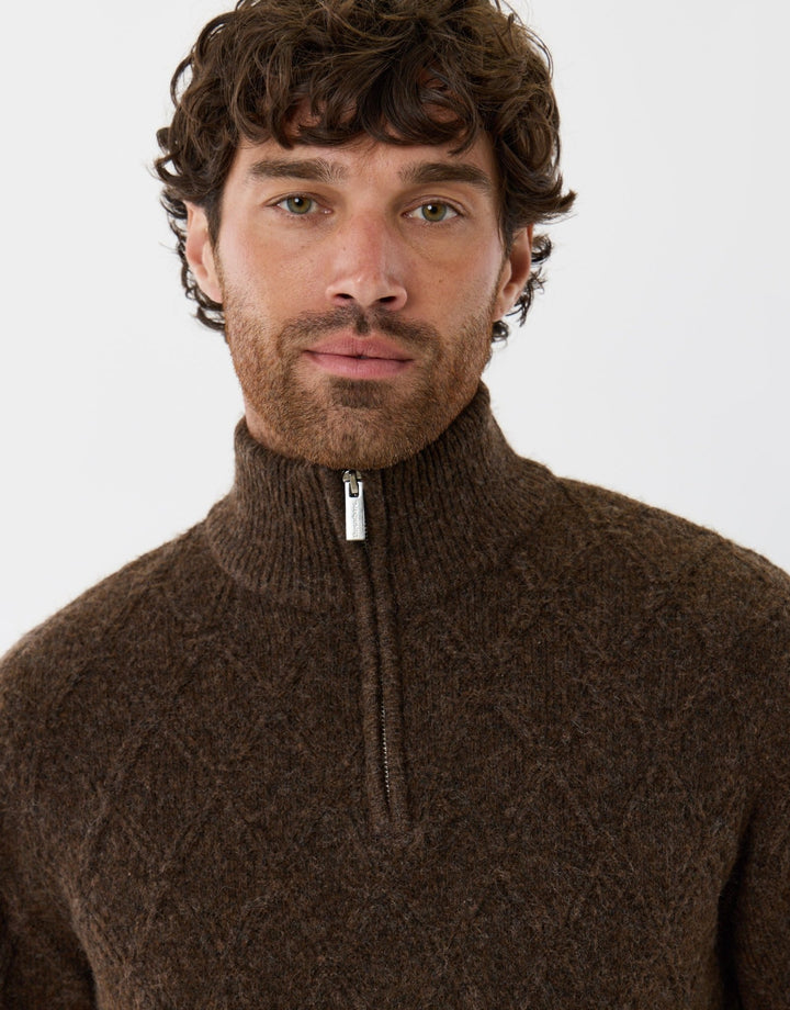 Diamond Cable Knit Quarter Zip Jumper in Chocolate Brown