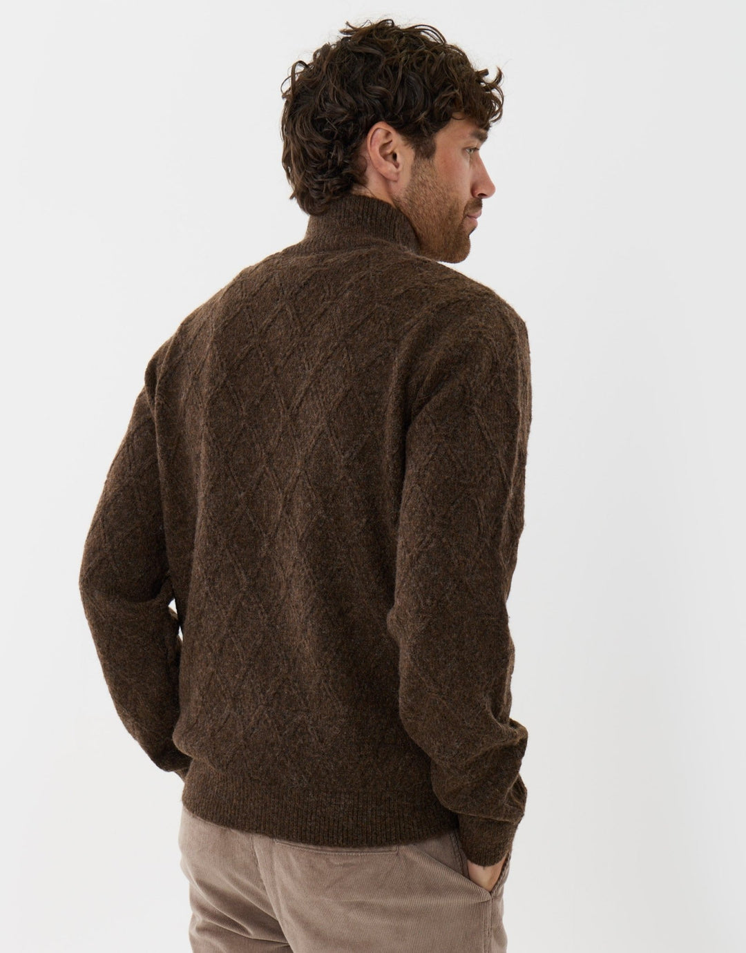 Diamond Cable Knit Quarter Zip Jumper in Chocolate Brown