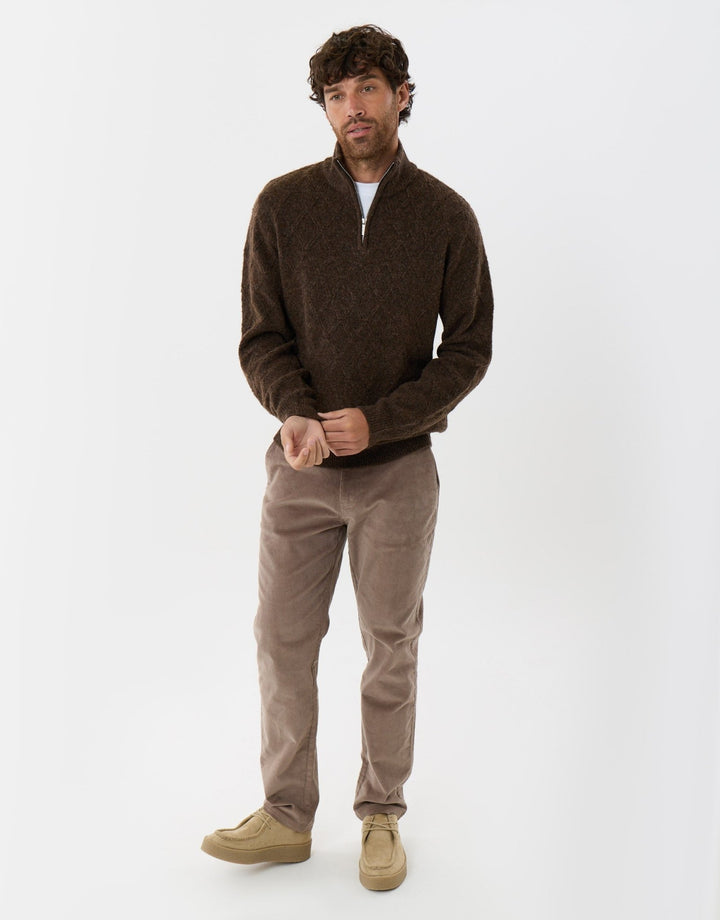 Diamond Cable Knit Quarter Zip Jumper in Chocolate Brown