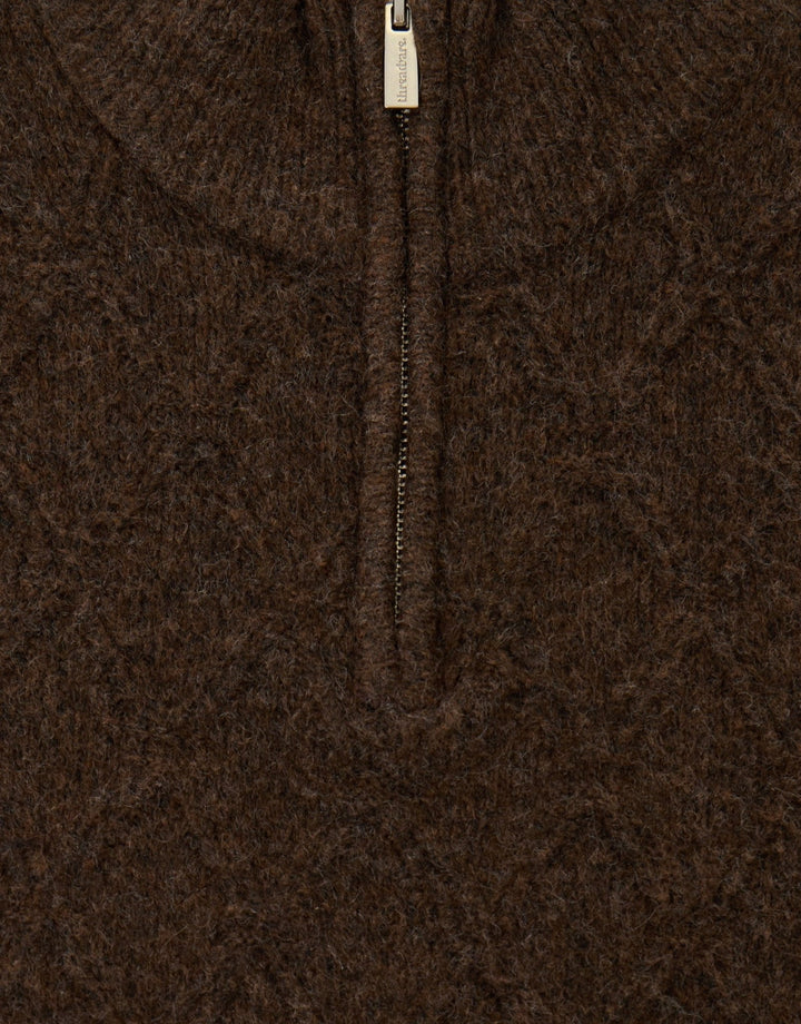 Diamond Cable Knit Quarter Zip Jumper in Chocolate Brown