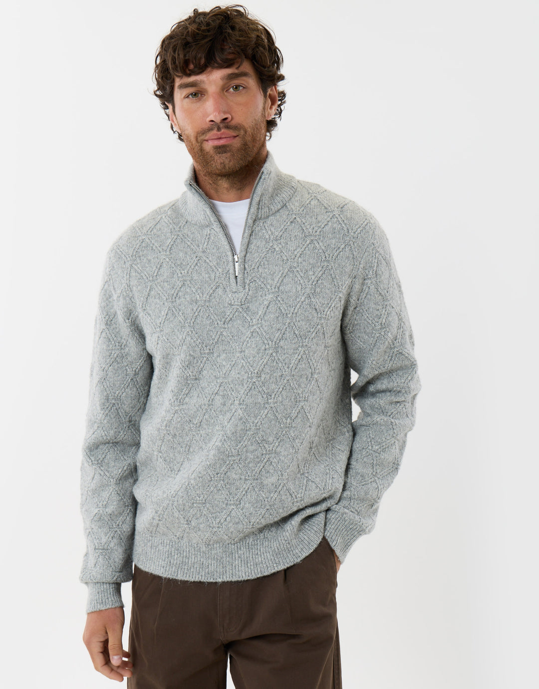 Diamond Cable Knit Quarter Zip Jumper in Grey Marl