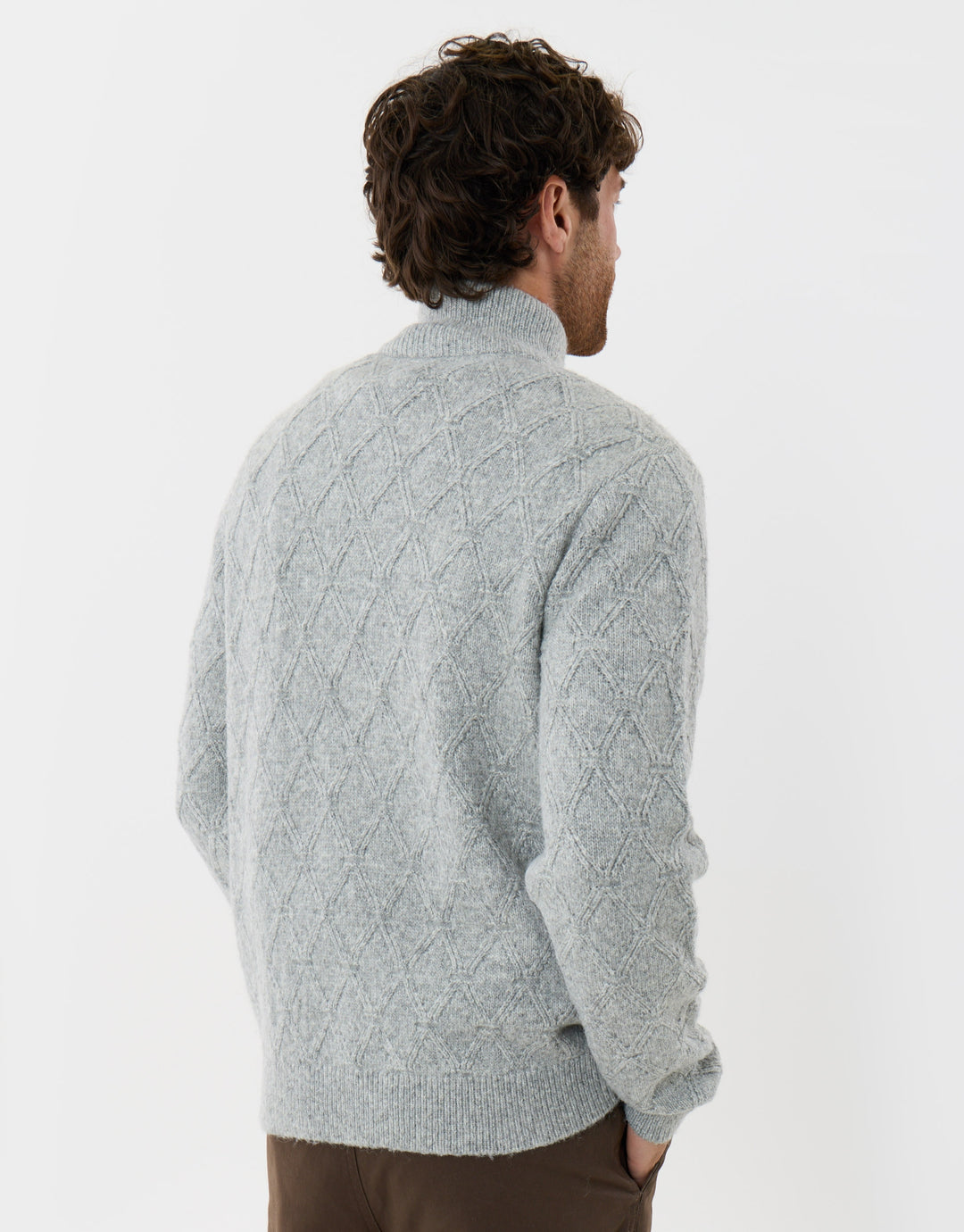 Diamond Cable Knit Quarter Zip Jumper in Grey Marl