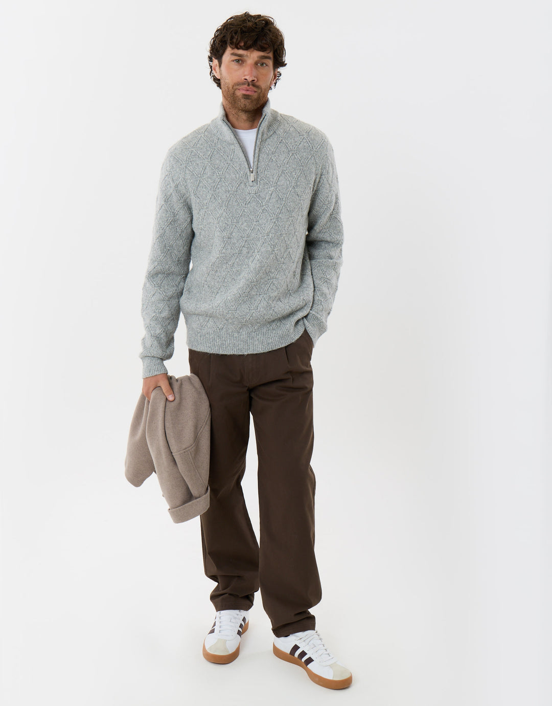 Diamond Cable Knit Quarter Zip Jumper in Grey Marl