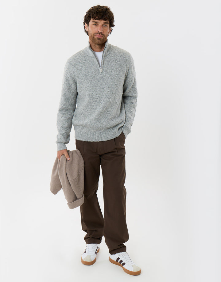 Diamond Cable Knit Quarter Zip Jumper in Grey Marl