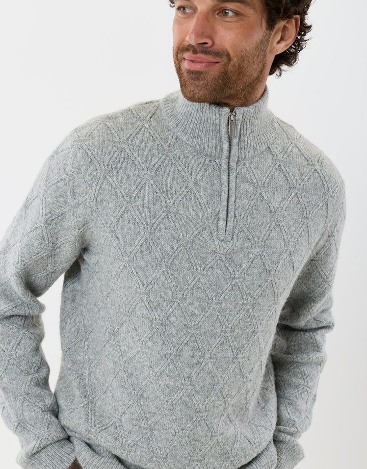 Diamond Cable Knit Quarter Zip Jumper in Grey Marl