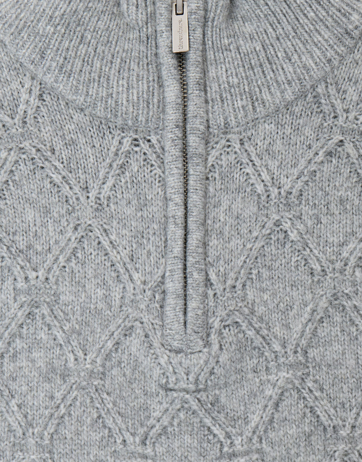 Diamond Cable Knit Quarter Zip Jumper in Grey Marl