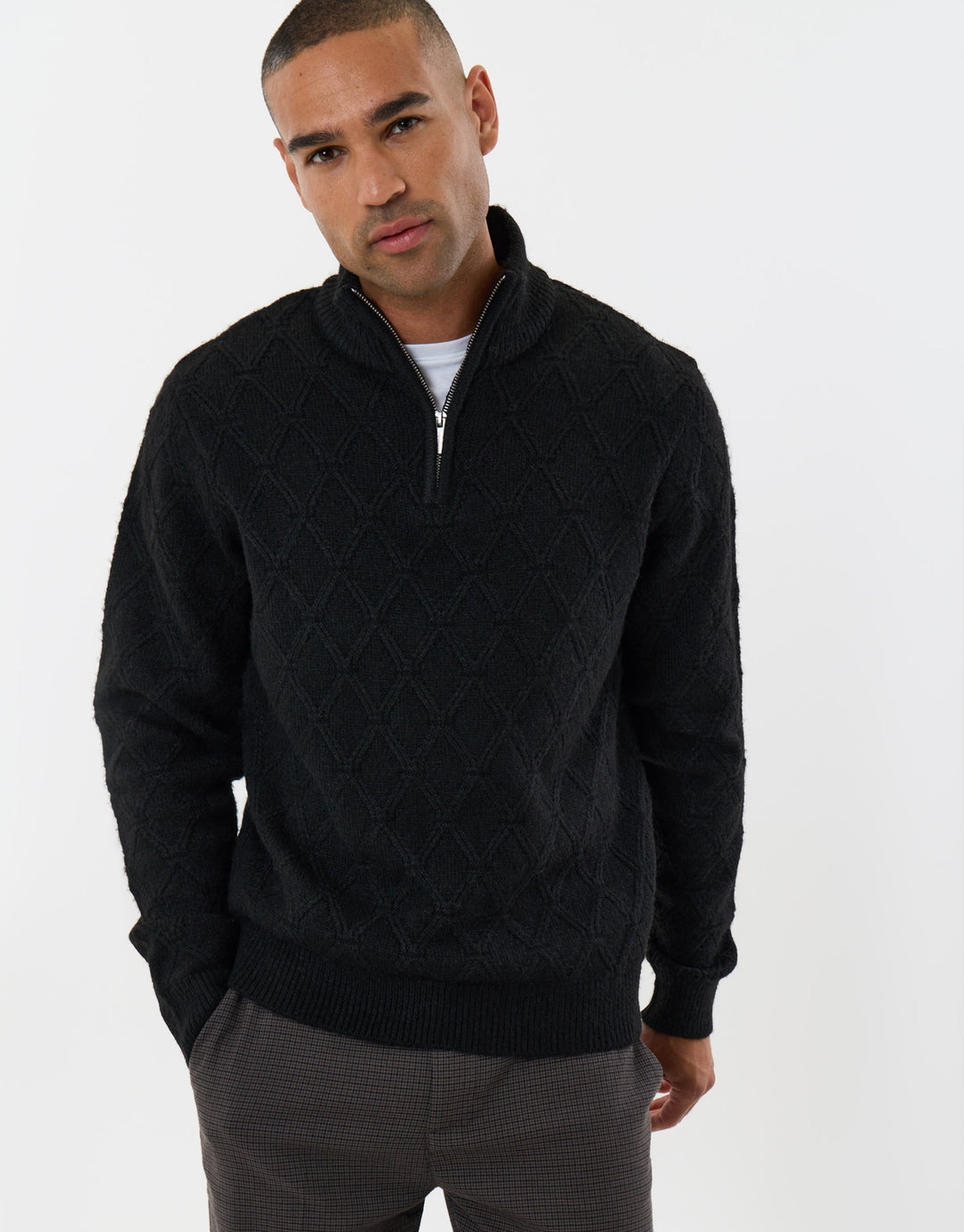 Diamond Cable Knit Quarter Zip Jumper in Black