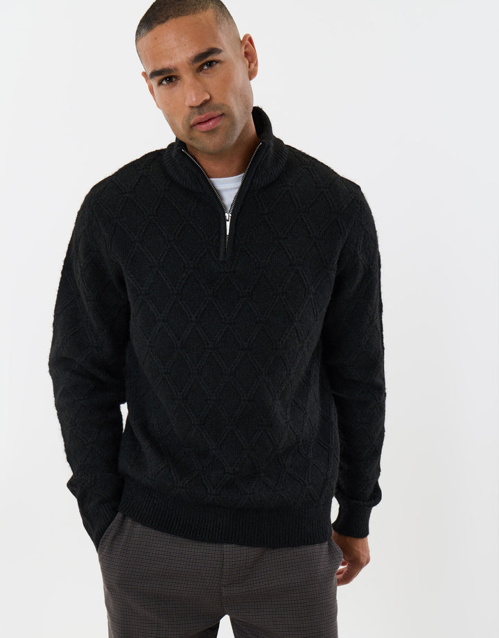 Diamond Cable Knit Quarter Zip Jumper in Black