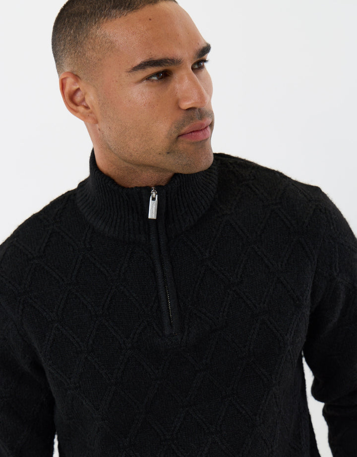 Diamond Cable Knit Quarter Zip Jumper in Black