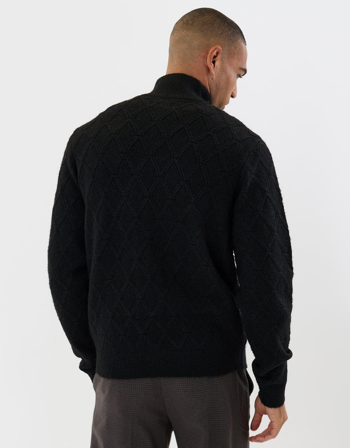 Diamond Cable Knit Quarter Zip Jumper in Black