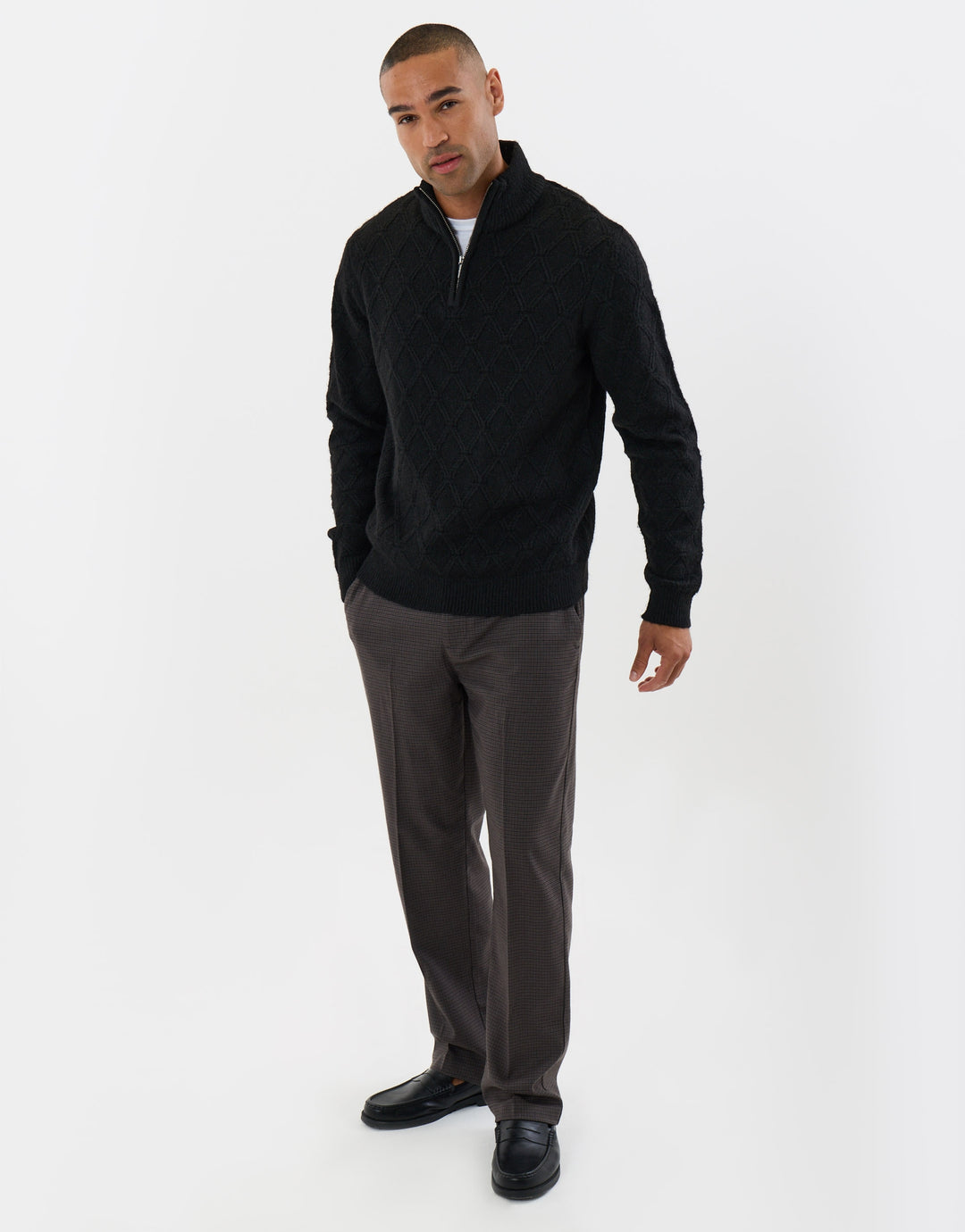 Diamond Cable Knit Quarter Zip Jumper in Black