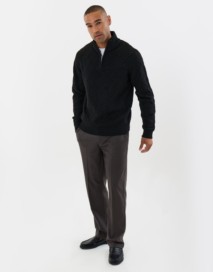 Diamond Cable Knit Quarter Zip Jumper in Black