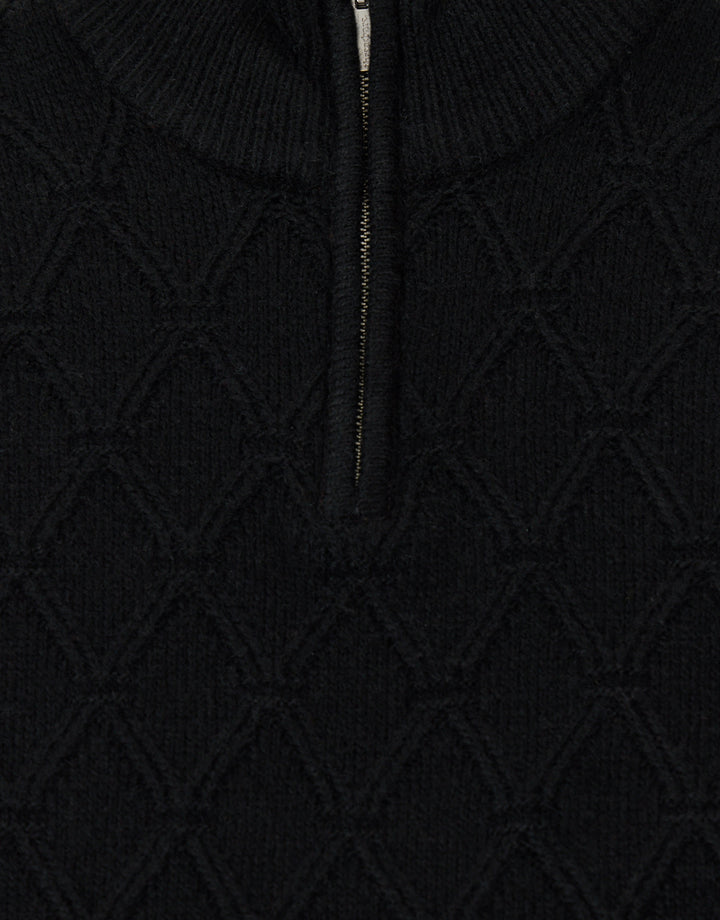 Diamond Cable Knit Quarter Zip Jumper in Black