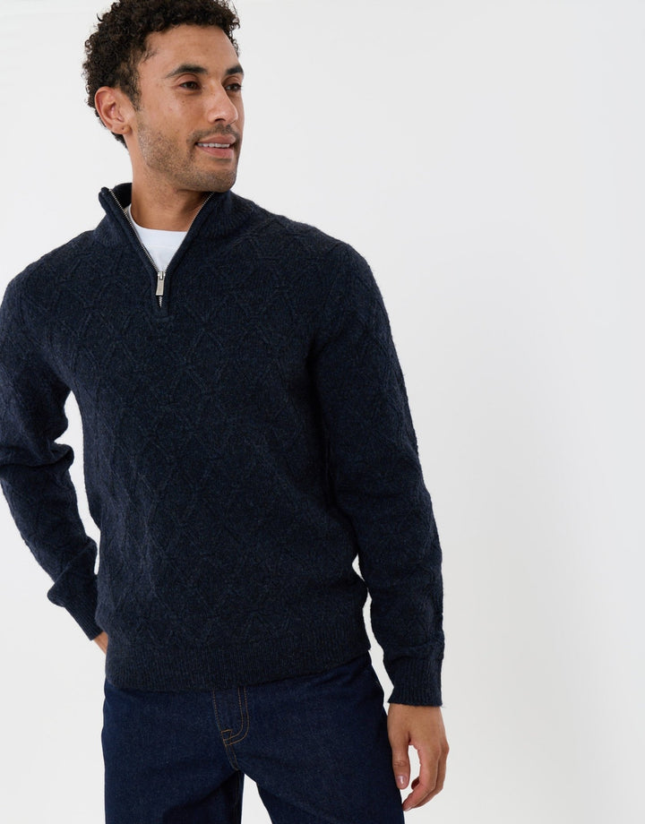 Diamond Cable Knit Quarter Zip Jumper in Navy