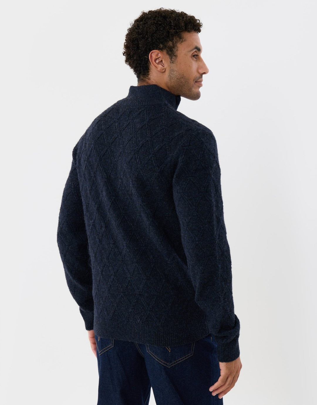 Diamond Cable Knit Quarter Zip Jumper in Navy