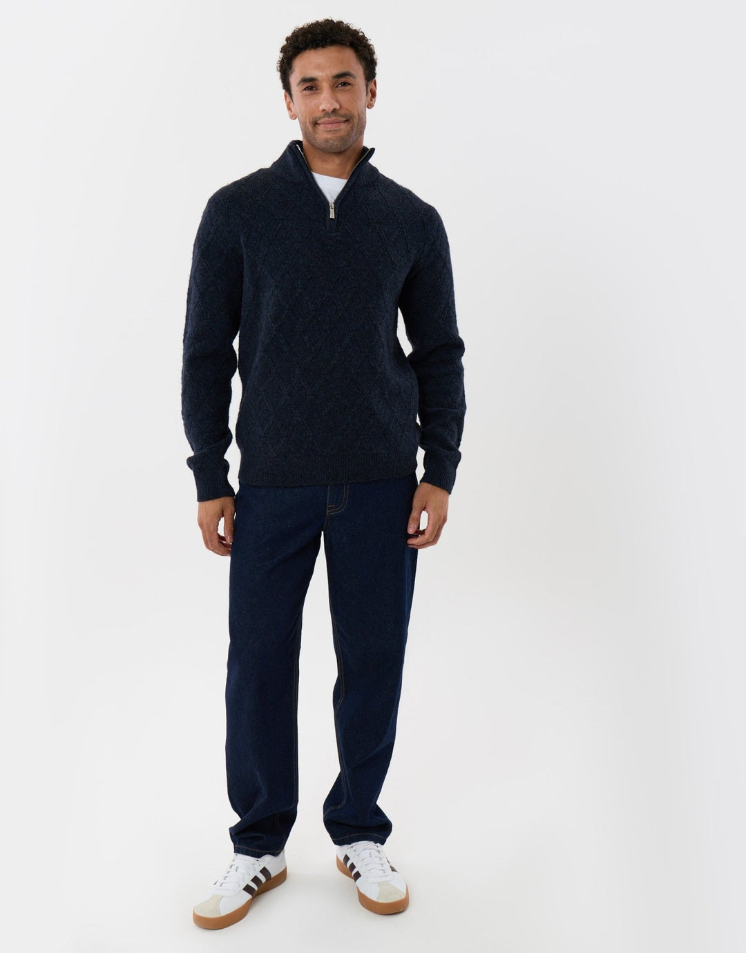 Diamond Cable Knit Quarter Zip Jumper in Navy
