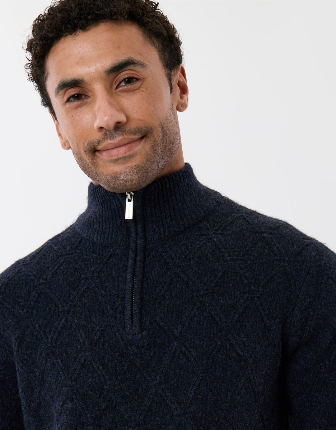 Diamond Cable Knit Quarter Zip Jumper in Navy