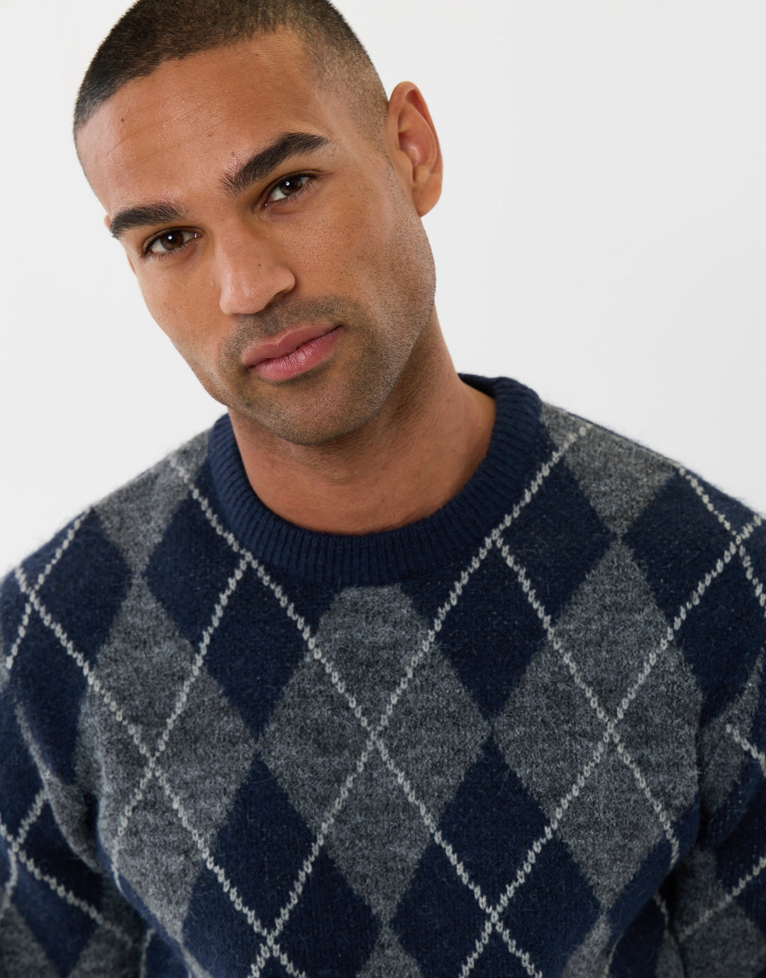Argyle Crew Neck Jumper in Charcoal & Navy