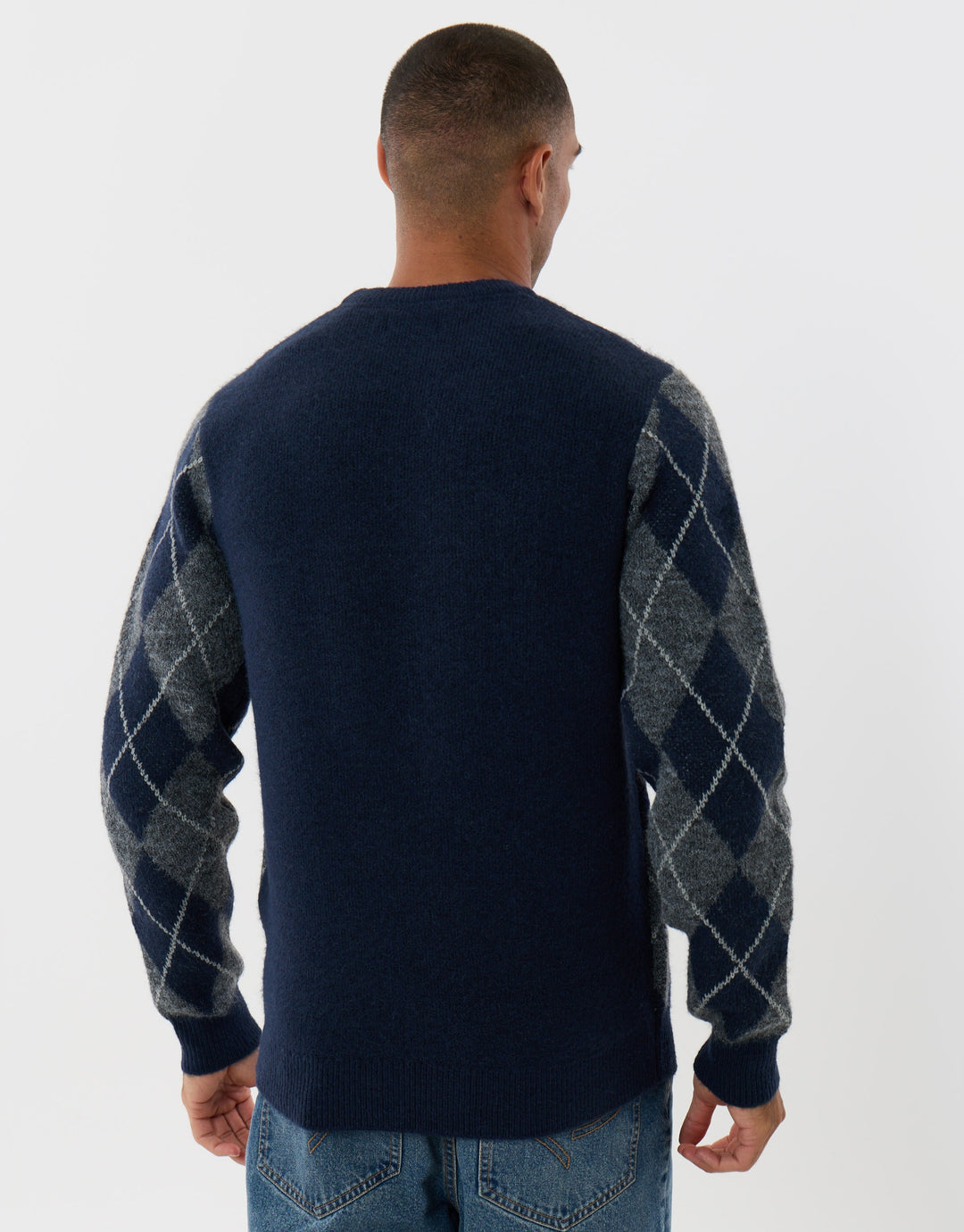 Argyle Crew Neck Jumper in Charcoal & Navy