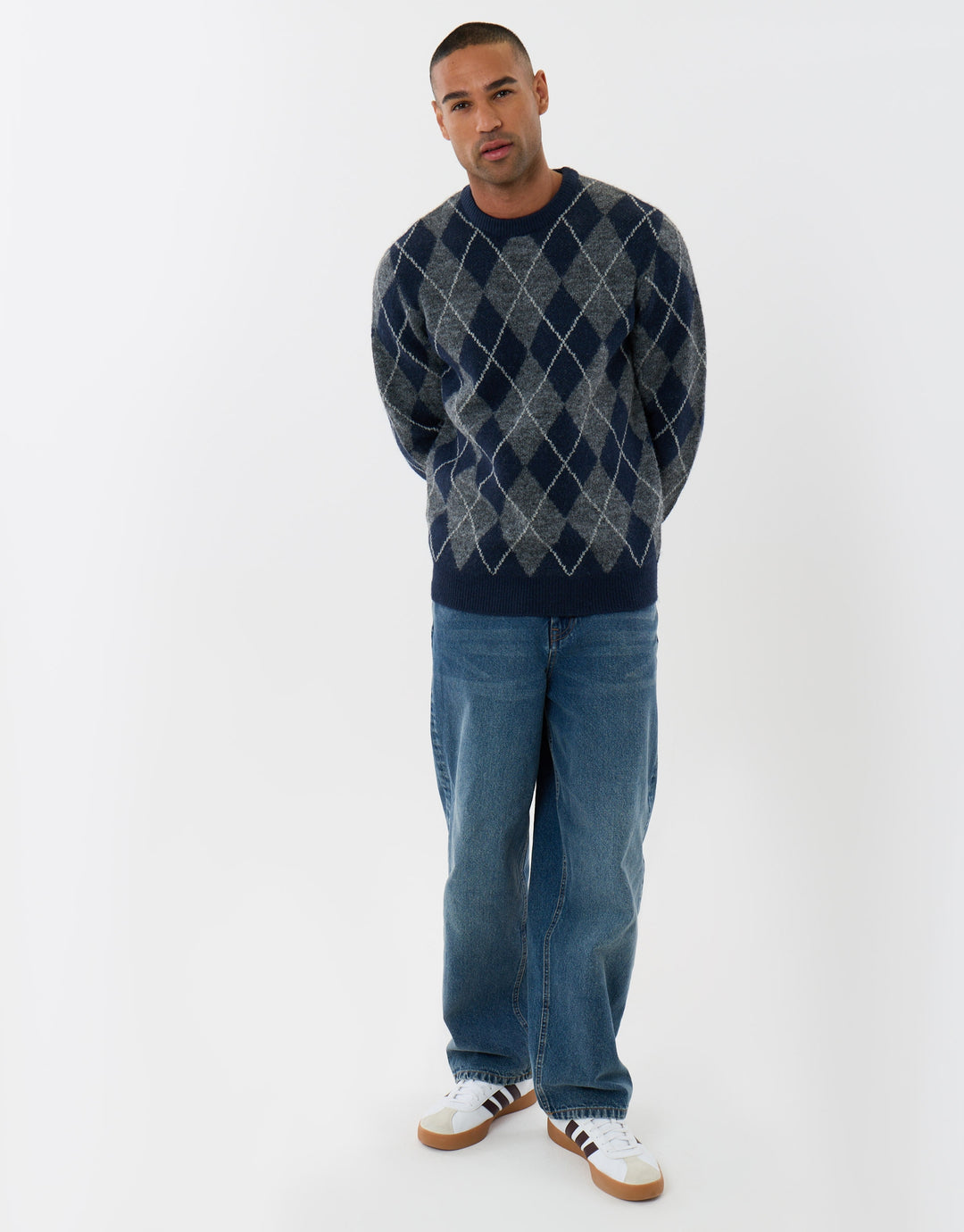 Argyle Crew Neck Jumper in Charcoal & Navy