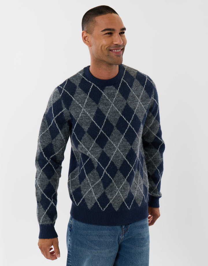 Argyle Crew Neck Jumper in Charcoal & Navy