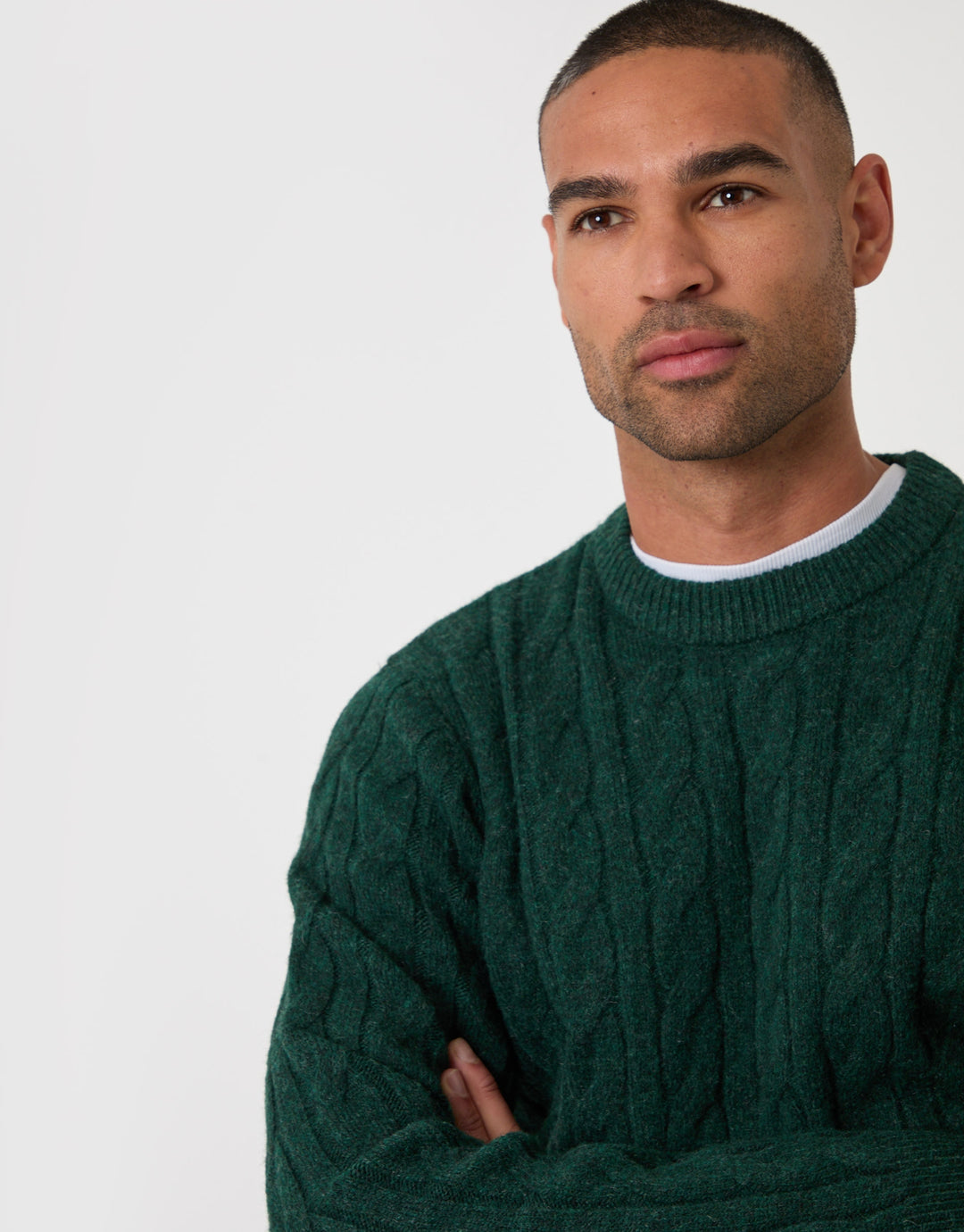 Cable Knit Crew Neck Jumper in Forest Green