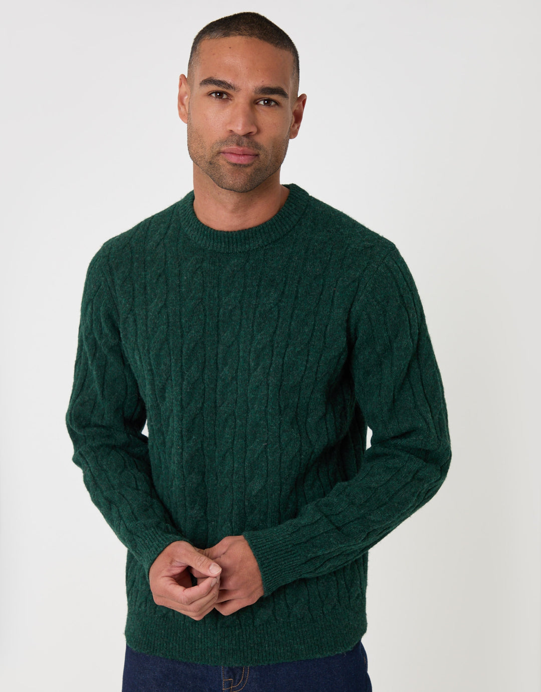 Cable Knit Crew Neck Jumper in Forest Green
