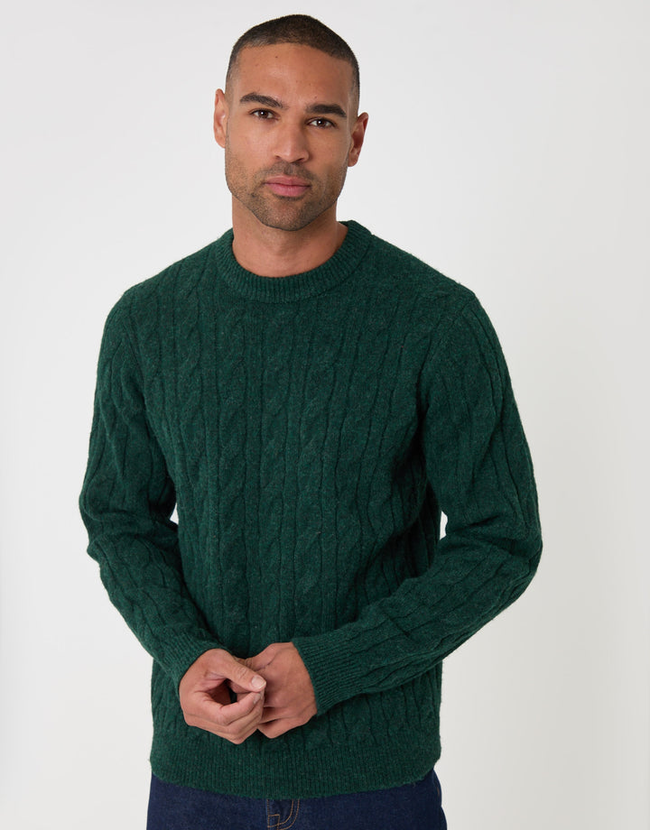 Cable Knit Crew Neck Jumper in Forest Green