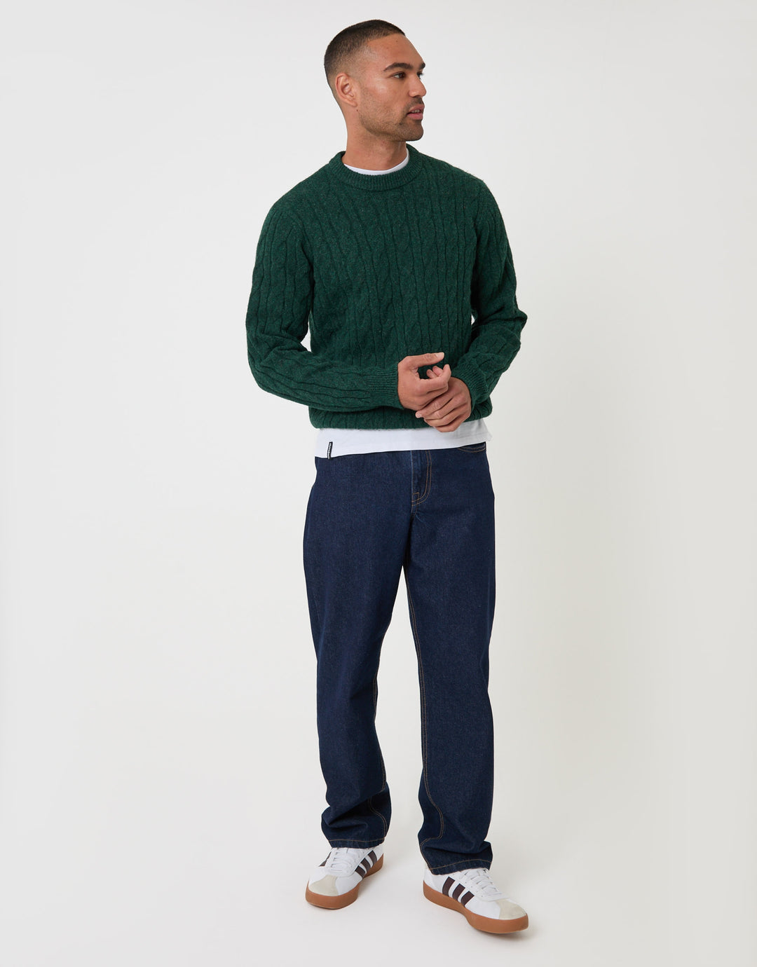 Cable Knit Crew Neck Jumper in Forest Green