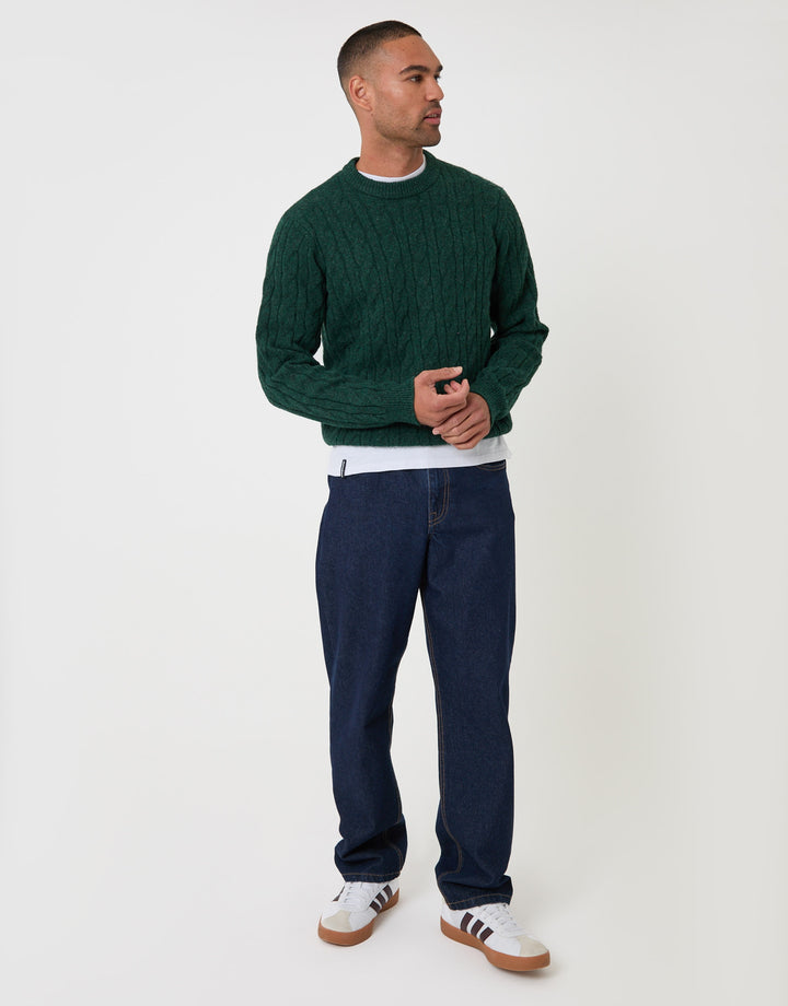 Cable Knit Crew Neck Jumper in Forest Green