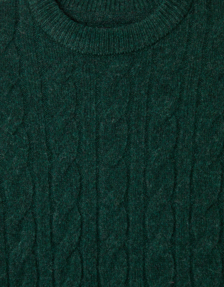 Cable Knit Crew Neck Jumper in Forest Green