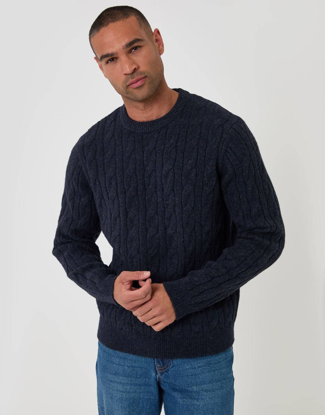 Cable Knit Crew Neck Jumper in Navy