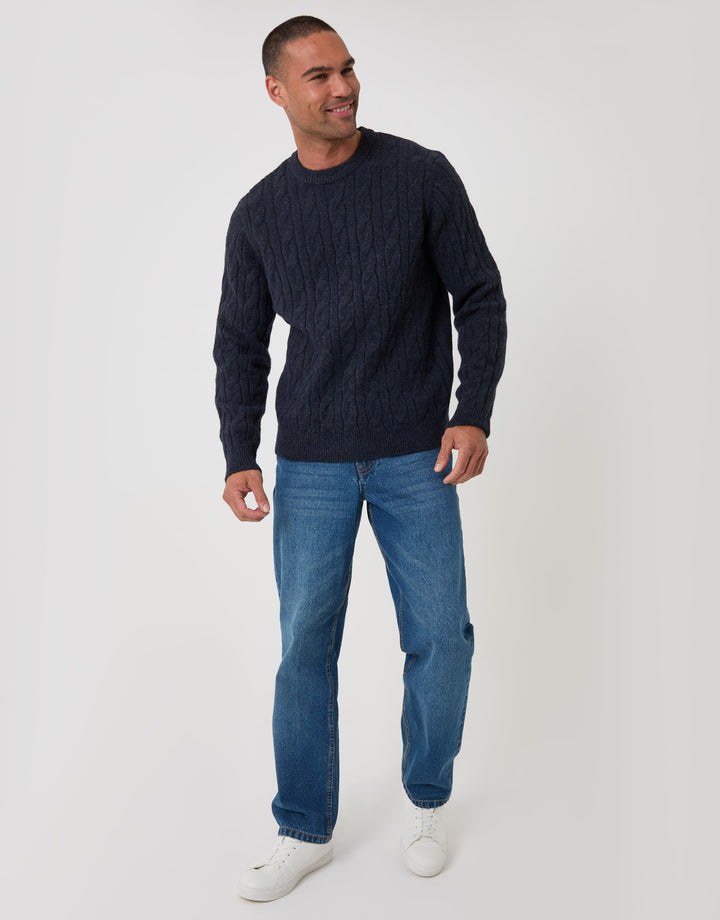 Cable Knit Crew Neck Jumper in Navy
