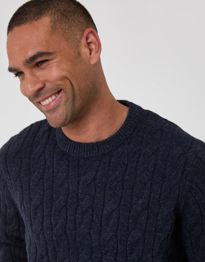 Cable Knit Crew Neck Jumper in Navy