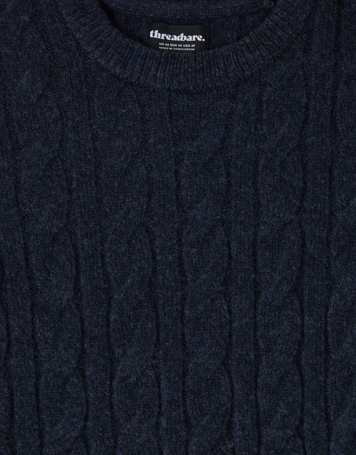 Cable Knit Crew Neck Jumper in Navy