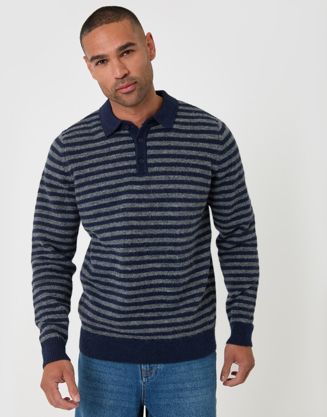 Knitted Long Sleeve Polo in Navy Stripe
