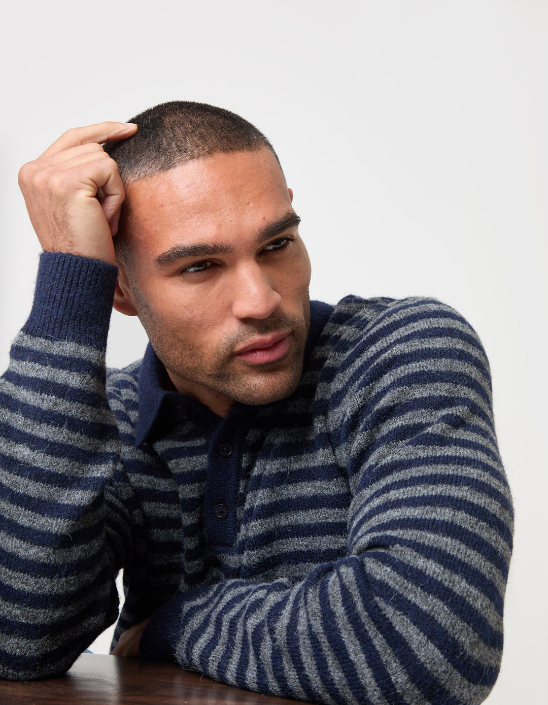Knitted Long Sleeve Polo in Navy Stripe