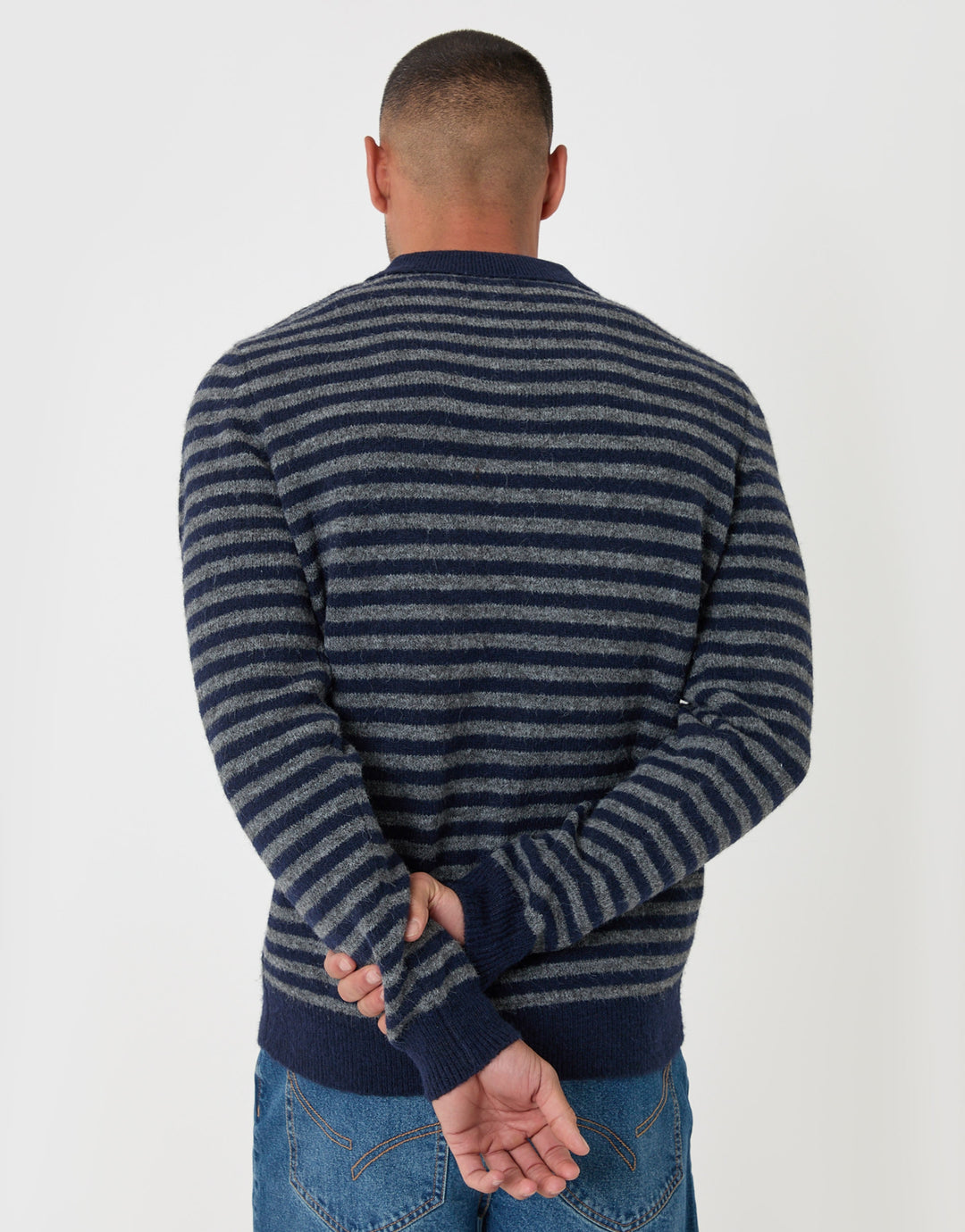 Knitted Long Sleeve Polo in Navy Stripe