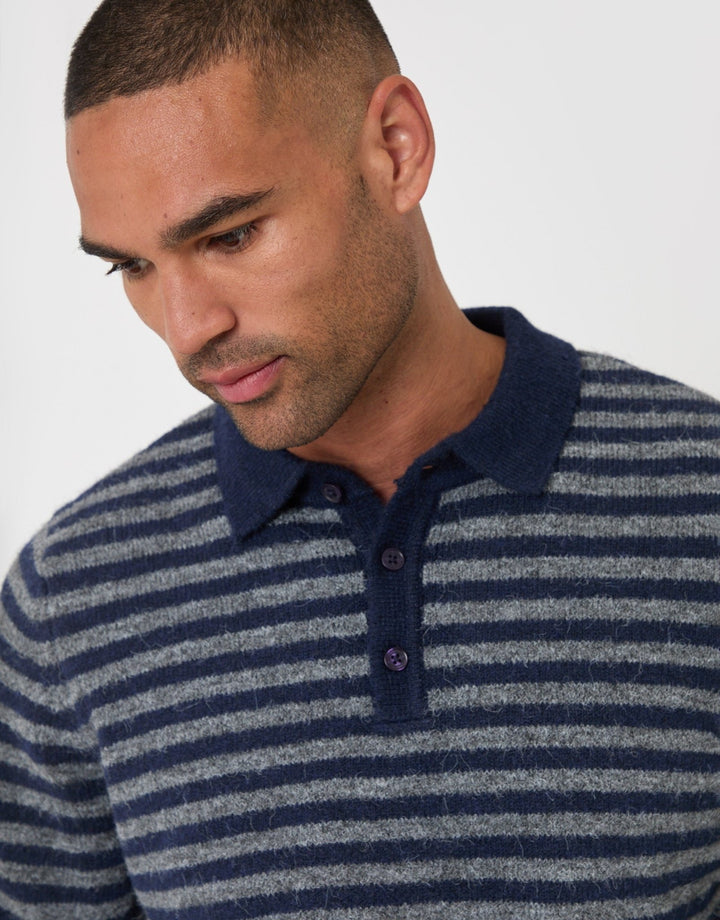 Knitted Long Sleeve Polo in Navy Stripe