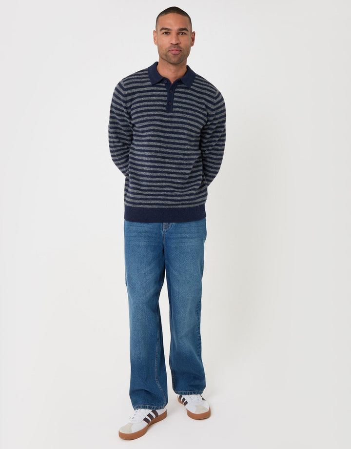 Knitted Long Sleeve Polo in Navy Stripe