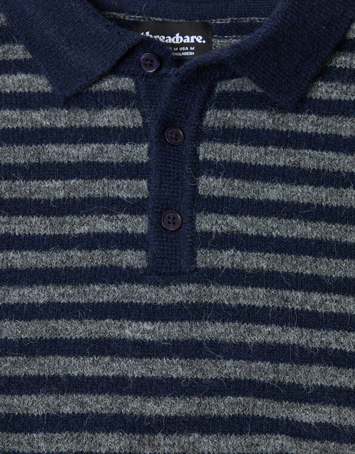 Knitted Long Sleeve Polo in Navy Stripe