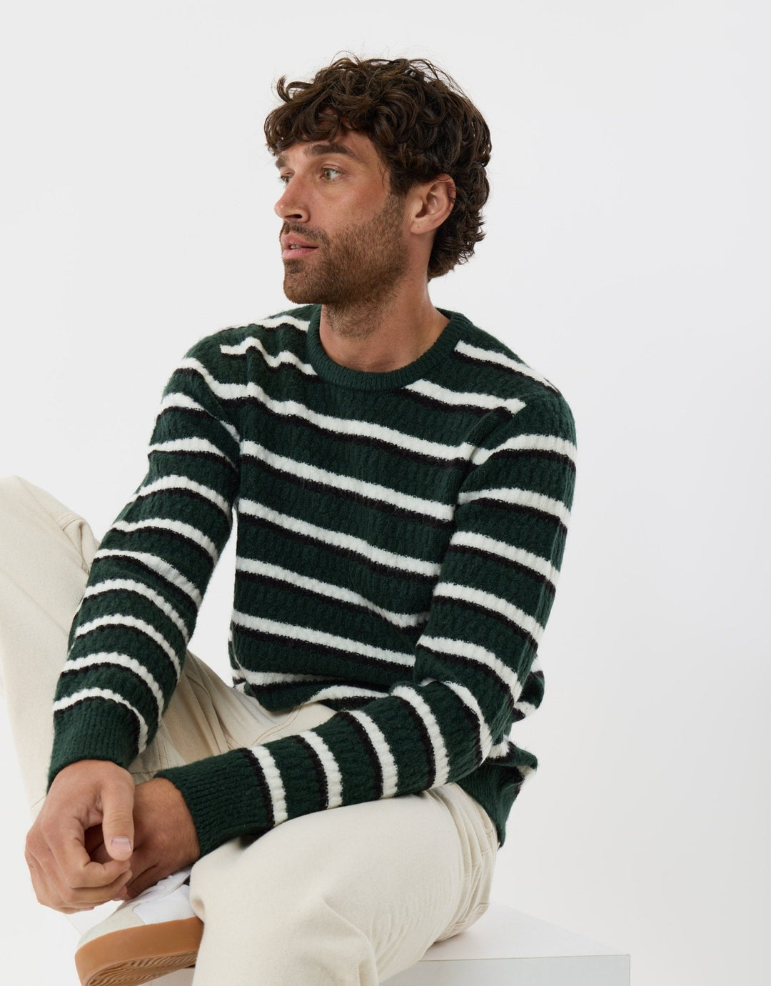 Heavyweight Crew Neck Jumper in Forest Green Stripe