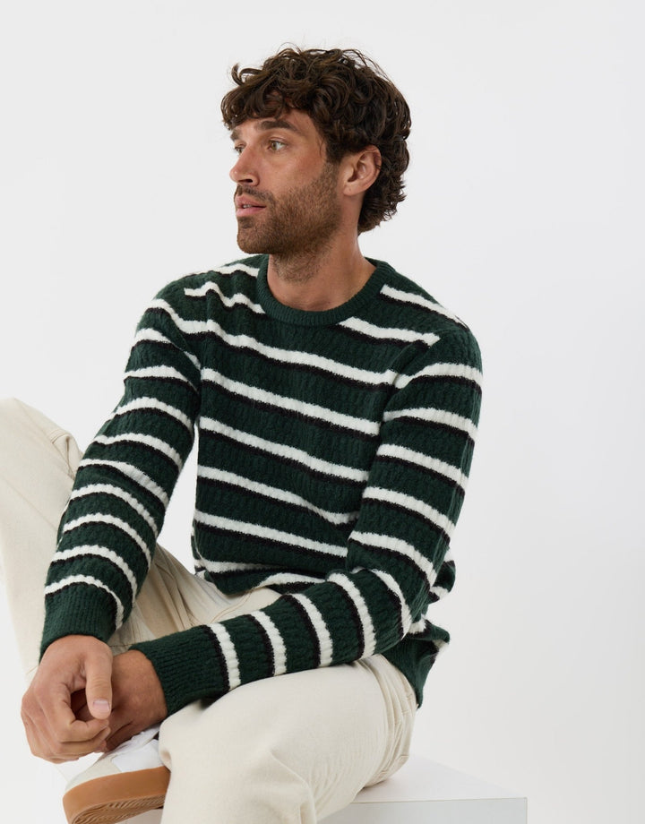 Heavyweight Crew Neck Jumper in Forest Green Stripe