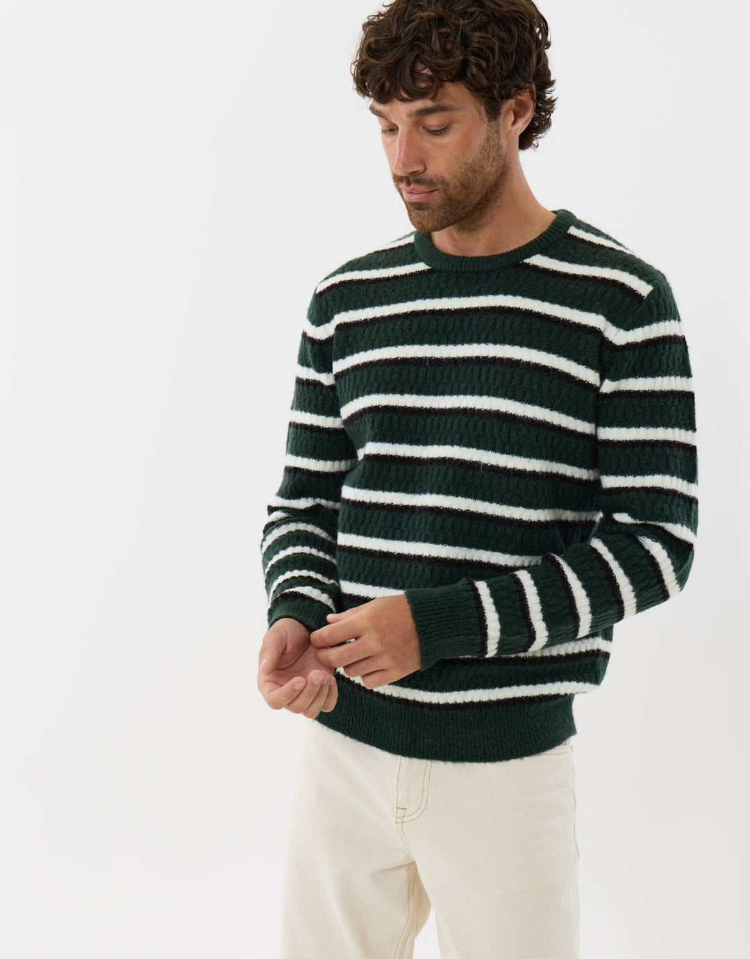 Heavyweight Crew Neck Jumper in Forest Green Stripe